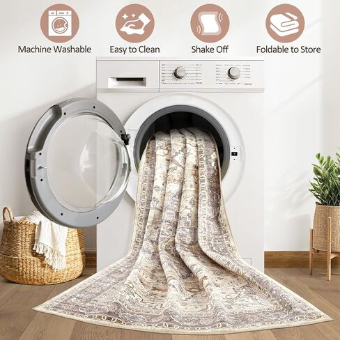 9x12 Area Rug Living Room Rugs: Large Soft Machine Washable Boho Vintage Stain Resistant Floral Bedroom Rug Neutral Farmhouse Low Pile Distressed Carpet for Dorm Nursery Dining Room Office- Beige Blue in Saudi Arabia