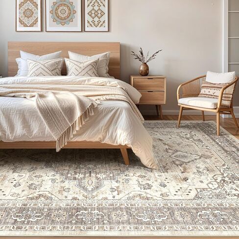 9x12 Area Rug Living Room Rugs: Large Soft Machine Washable Boho Vintage Stain Resistant Floral Bedroom Rug Neutral Farmhouse Low Pile Distressed Carpet for Dorm Nursery Dining Room Office- Beige Blue in Saudi Arabia