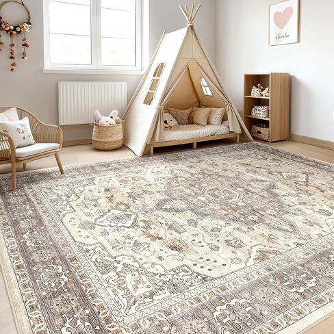 9x12 Area Rug Living Room Rugs: Large Soft Machine Washable Boho Vintage Stain Resistant Floral Bedroom Rug Neutral Farmhouse Low Pile Distressed Carpet for Dorm Nursery Dining Room Office- Beige Blue in Saudi Arabia