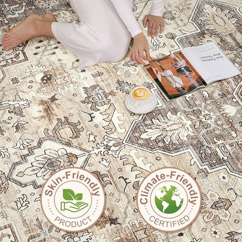 9x12 Area Rug Living Room Rugs: Large Soft Machine Washable Boho Vintage Stain Resistant Floral Bedroom Rug Neutral Farmhouse Low Pile Distressed Carpet for Dorm Nursery Dining Room Office- Beige Blue in Saudi Arabia