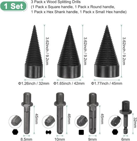 3-Pack Wood Splitter Drill Bit 32mm + 45mm + 50mm + 4 Handles (Square + Round + Hex Shank + Small Hex) Firewood Log Splitter Drill Bit for Family/Outdoor/Stove/Farm [Black+Grey] in Kuwait