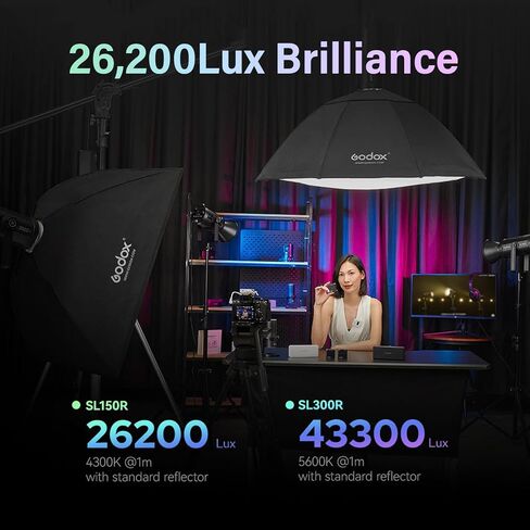 Godox SL300R 310W RGB LED ضوء فيديو أحادي مع عاكس، جهاز تحكم عن بعد، نظام تبريد صامت، التحكم في التطبيق، إضاءة الإخراج المستمر لتركيب Bowens Mount COB 43300lux/1m لإنتاج فيديو منشئ المحتوى in Kuwait
