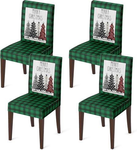 Horaldaily 4PCS Christmas Dining Chair Covers, Buffalo Plaid Trees Red Stretch Removable Washable Slipcover Chair Protector for Dining Room Home Decor in Saudi Arabia