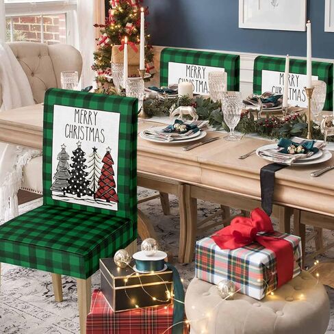 Horaldaily 4PCS Christmas Dining Chair Covers, Buffalo Plaid Trees Red Stretch Removable Washable Slipcover Chair Protector for Dining Room Home Decor in Saudi Arabia