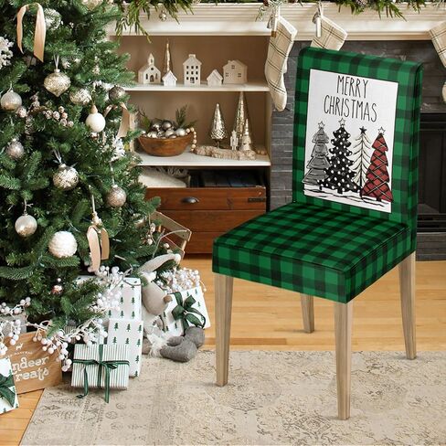 Horaldaily 4PCS Christmas Dining Chair Covers, Buffalo Plaid Trees Red Stretch Removable Washable Slipcover Chair Protector for Dining Room Home Decor in Saudi Arabia