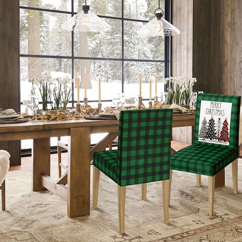 Horaldaily 4PCS Christmas Dining Chair Covers, Buffalo Plaid Trees Red Stretch Removable Washable Slipcover Chair Protector for Dining Room Home Decor in Saudi Arabia
