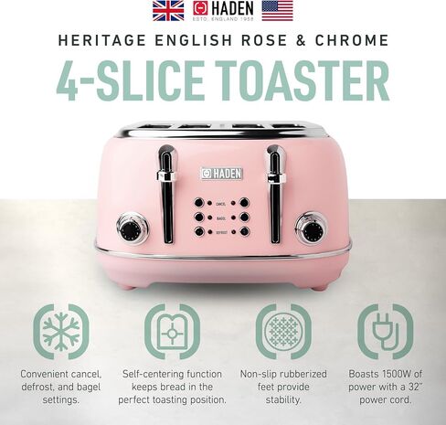 Haden Margate Poodle & Blonde Stainless Steel 4 Slice Toaster with Wide Slots, 6 Browning Control, and Removable Crumb Tray, Pale Pink/Chrome in Kuwait