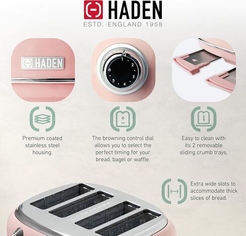 Haden Margate Poodle & Blonde Stainless Steel 4 Slice Toaster with Wide Slots, 6 Browning Control, and Removable Crumb Tray, Pale Pink/Chrome in Kuwait