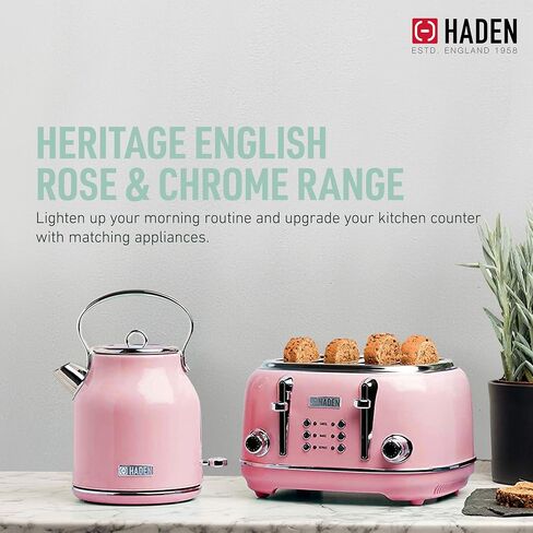 Haden Margate Poodle & Blonde Stainless Steel 4 Slice Toaster with Wide Slots, 6 Browning Control, and Removable Crumb Tray, Pale Pink/Chrome in Kuwait