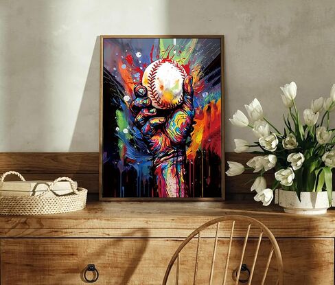 Framed Baseball Wall Art Prints,Vintage Graffit Baseball Art Poster,Baseball Room Decor for Boys Sports Wall Art,Colorful Hand Holding a Baseball Wall Art for Boys Bedroom Wall Decor 12X16 inch in Saudi Arabia