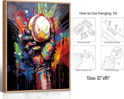 Framed Baseball Wall Art Prints,Vintage Graffit Baseball Art Poster,Baseball Room Decor for Boys Sports Wall Art,Colorful Hand Holding a Baseball Wall Art for Boys Bedroom Wall Decor 12X16 inch in Saudi Arabia