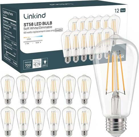 Linkind Edison Light Bulbs 60W Equivalent, E26 Dimmable Vintage Edison LED Light Bulbs ST58 Antique Decorative Filament LED Bulb, 6W 700LM, 2700K Soft White 80+ CRI Clear Glass Light Bulbs, 6 Packs in Saudi Arabia