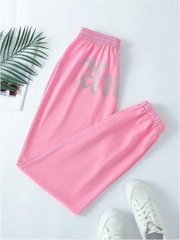 Floerns Women's Rhinestone Letter Print Sweatpants Drawstring Waist Jogger Pants in Saudi Arabia