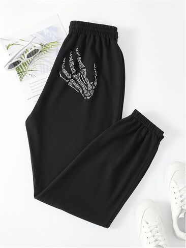 Floerns Women's Rhinestone Letter Print Sweatpants Drawstring Waist Jogger Pants in Saudi Arabia