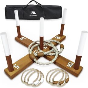 Rustic Wood & Rope Ring Toss Game for Adults - Featuring Wide Grip Handles Wooden Ring Toss Games, Outdoor Games with Portable Carrying Case - Fun Games for Adults & Family Gatherings