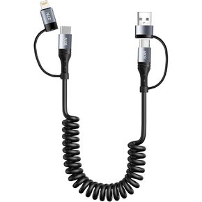Miger Coiled Lightning Cable [2Pack 4FT] 4 in 1 Multi Charging Cable 60W Fast Charging Retractable Charger Cord for iPhone 15/14/13/12/11 Pro Max/XS MAX/XR/XS/X/8/7/6 Plus/iPad/AirPods/MacBook/CarPlay