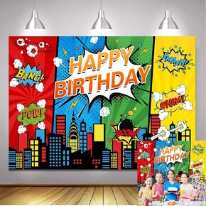 7X5FT Cartoon Superhero Theme Background Super City Comic Skyline Happy Birthday Party Decorations for Childrens Boys Birthday Cityscape Super Heros Photography Backdrop