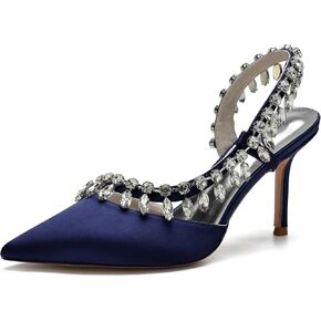 Women's Pointed Toe Crystal High Heels Satin Slingback Wedding Shoes Evening Party Comfort Flats Sandals for Bride