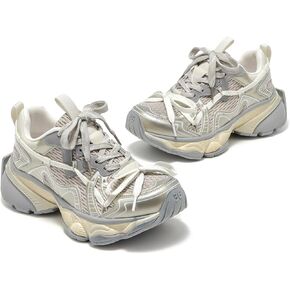 BEAU TODAY Womens Running Shoes, Chunky Fashion Sneakers for Women, Leather Walking Dad Shoes Platform Casual Dress Comfortable Non-Slip Lace-up Mesh Gym Shoes