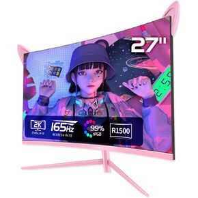 Pink Computer Monitor, 27 inch 1080p 165Hz (Supports 144Hz) Kawaii Gaming Monitor, VA Panel 1500R Curved PC Monitor, AMD Free-Sync, Built-in Speaker, Tilt Adjustment, HDMI, DisplayPort, R27FP