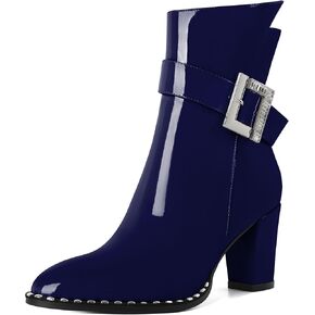 Eldof Ankle Boots for Women Block Chunky Heel Round Toe Beaded Heeled Fall Short Booties Buckle Strap Side Zipper 3 Inches
