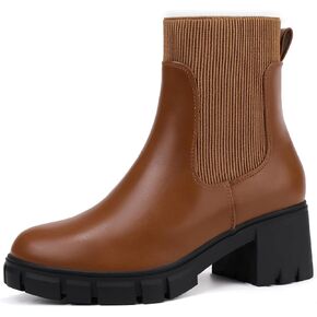 IDIFU IN2 Chelsea Boots Elastic Ankle Boots for Women Platform Lug Sole Women's Boots Round Toe Low Chunky Block Heeled Booties Work Dress Fashion Casual Comfortable Slip on Short Boots
