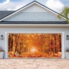 ZTHMOE 1PC 16x7ft Fall Garage Door Banner Decorations Thanksgiving Autumn Pumpkin Maple Leaves Photography Backdrop Home Outdoor Wall Hanging Cover Harvest Party Supplies