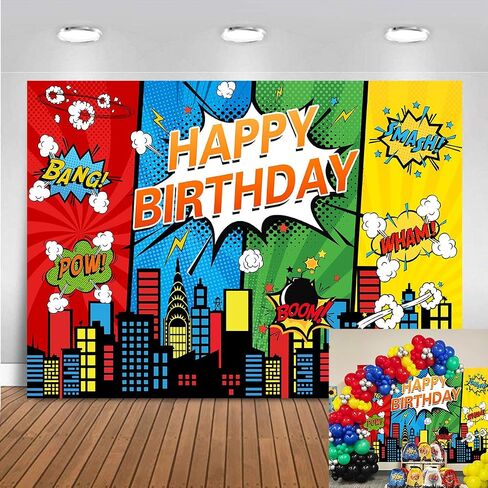 7X5FT Cartoon Superhero Theme Background Super City Comic Skyline Happy Birthday Party Decorations for Childrens Boys Birthday Cityscape Super Heros Photography Backdrop in Kuwait