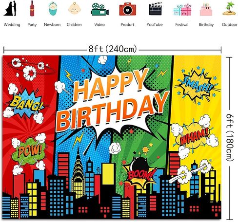 7X5FT Cartoon Superhero Theme Background Super City Comic Skyline Happy Birthday Party Decorations for Childrens Boys Birthday Cityscape Super Heros Photography Backdrop in Kuwait