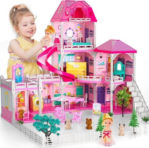 Dollhouses, Dreamhome Furniture Pink Girl Toys, 2 Stories 3 Rooms Dollshouse with 2 Princesses Slide Accessories, Toddler Playhouse Gift for for 3 4 5 6 7 8 9 10 Year Old Girls Toys in Saudi Arabia