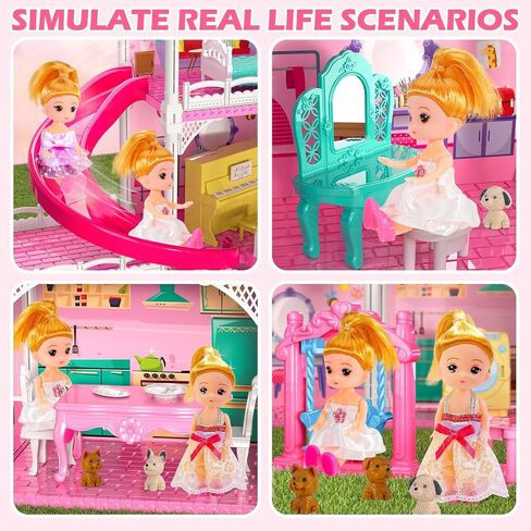 Dollhouses, Dreamhome Furniture Pink Girl Toys, 2 Stories 3 Rooms Dollshouse with 2 Princesses Slide Accessories, Toddler Playhouse Gift for for 3 4 5 6 7 8 9 10 Year Old Girls Toys in Saudi Arabia