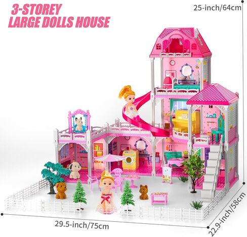 Dollhouses, Dreamhome Furniture Pink Girl Toys, 2 Stories 3 Rooms Dollshouse with 2 Princesses Slide Accessories, Toddler Playhouse Gift for for 3 4 5 6 7 8 9 10 Year Old Girls Toys in Saudi Arabia