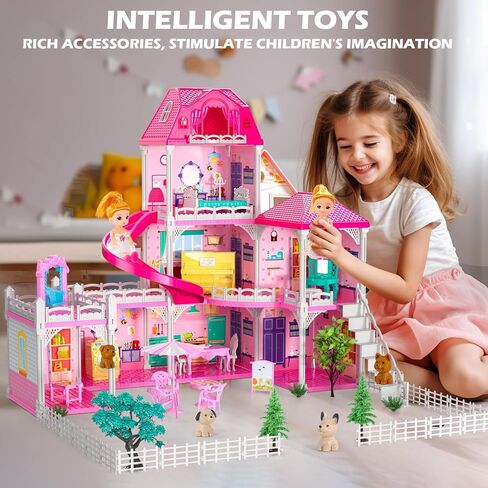 Dollhouses, Dreamhome Furniture Pink Girl Toys, 2 Stories 3 Rooms Dollshouse with 2 Princesses Slide Accessories, Toddler Playhouse Gift for for 3 4 5 6 7 8 9 10 Year Old Girls Toys in Saudi Arabia