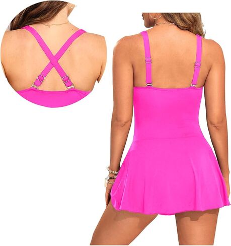 Daci Women One Piece Swim Dress Swimsuits Flower Tummy Control Swimdress Tie Knot V Neck Bathing Suit with Skirt L in Saudi Arabia