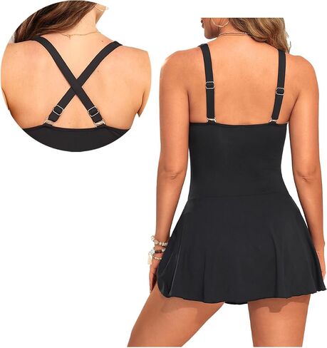 Daci Women One Piece Swim Dress Swimsuits Flower Tummy Control Swimdress Tie Knot V Neck Bathing Suit with Skirt L in Saudi Arabia