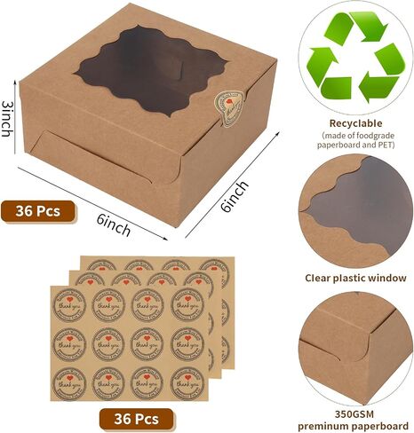 36 pcs 6x6x3 Inches Small Cake Box with Window, Bakery Box, Pastry Boxes, Cookie Boxes, Mini Pie Box for Pastry,Dessert,Strawberries,Chocolates, Cupcakes with paper stickers (Brown) in Kuwait