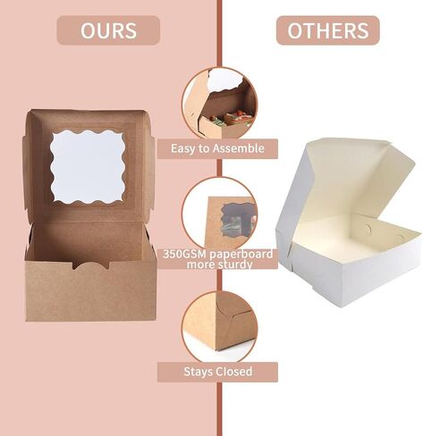 36 pcs 6x6x3 Inches Small Cake Box with Window, Bakery Box, Pastry Boxes, Cookie Boxes, Mini Pie Box for Pastry,Dessert,Strawberries,Chocolates, Cupcakes with paper stickers (Brown) in Kuwait