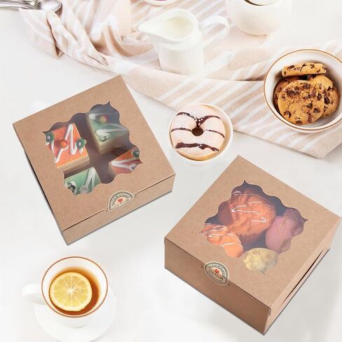 36 pcs 6x6x3 Inches Small Cake Box with Window, Bakery Box, Pastry Boxes, Cookie Boxes, Mini Pie Box for Pastry,Dessert,Strawberries,Chocolates, Cupcakes with paper stickers (Brown) in Kuwait
