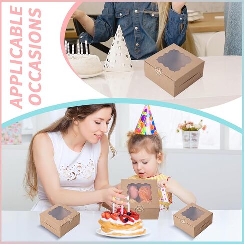 36 pcs 6x6x3 Inches Small Cake Box with Window, Bakery Box, Pastry Boxes, Cookie Boxes, Mini Pie Box for Pastry,Dessert,Strawberries,Chocolates, Cupcakes with paper stickers (Brown) in Kuwait