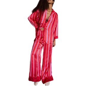 Women Satin Pajama Set 2 Piece Casual Lounge Set Long Sleeve Floral Printing Button Down Shirt Wide Leg Pants Set