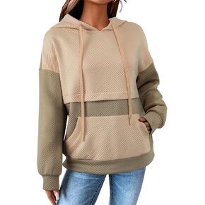 SHEWIN Women's Hoodies Long Sleeve Color Block Textured Pullover Tops Loose Sweatshirt with Pocket