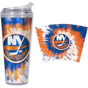 ريكو إندستريز NHL Hockey Toronto Maple Leafs Team Color Tie Dye 24oz بهلوان أكريليك معدني مع غطاء مفصلي، بهلوان جدار مزدوج مرخص رسميًا مع قش
