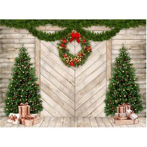 Funnytree 10x8FT Christmas Wood Door Photography Backdrop for Xmas Decoration Pine Tree Gifts Rustic House Background Photo Booth Shoot Durable Fabric Washable in Kuwait