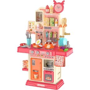 Toy Kitchen Set for Toddlers 3-5 Kids Mini Kitchen Play Set with Cooking Stove Steam, Play Sink and Play Food Pretend Play Kitchen Toys for 3 4 5 Year Old Boys Girls Gifts (Red)