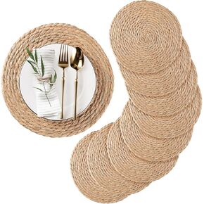 Round Woven Placemats Set of 6, Natural Water Hyacinth Place mats, 12 inch Rattan Placemats Wicker Placemats Farmhouse Boho Braided Heat Resistant Outdoor Placemat Patio Table Place Mats