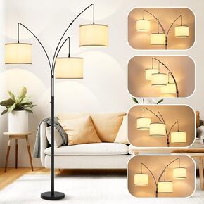 3 Lights Arc Floor Lamps for Living Room,Gold Modern Tall Standing Lamp Hanging Over The Couch with Shades & Heavy Base,Mid Century Black Tree Floor Lamp for Bedroom Office
