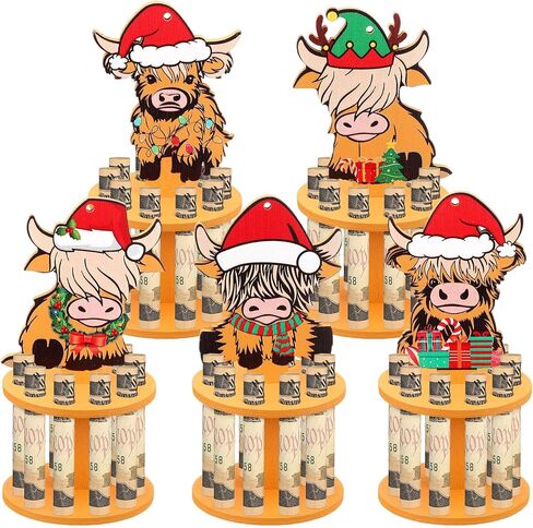 Kigley 5 Pieces Christmas Money Holder Money Holder Ornaments with 10 Holes Handmade Wooden Christmas Money Tree, Reindeer, Snowman Money Holder Xmas Ornaments Holiday Table Decorations in Kuwait