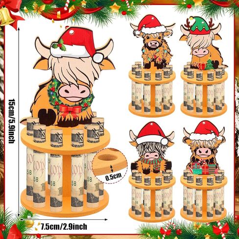 Kigley 5 Pieces Christmas Money Holder Money Holder Ornaments with 10 Holes Handmade Wooden Christmas Money Tree, Reindeer, Snowman Money Holder Xmas Ornaments Holiday Table Decorations in Kuwait