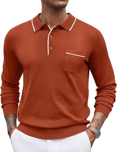 COOFANDY Knitted Long Sleeve for Men Button Collar Polo Sweaters Casual Business Dress Polo Fall Mens Sweater Polo Brown in Kuwait