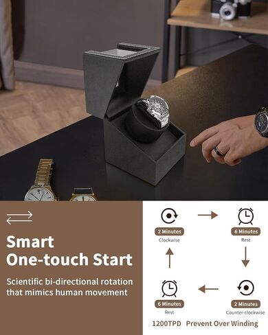 UnaMela Watch Winder للساعات الأوتوماتيكية: صندوق لف ساعة أوتوماتيكي واحد، علبة ساعة دوارة من جلد ألياف الكربون الأسود، ساعة دوارة مع محرك ياباني هادئ، يعمل بالبطارية أو محول تيار متردد in Saudi Arabia